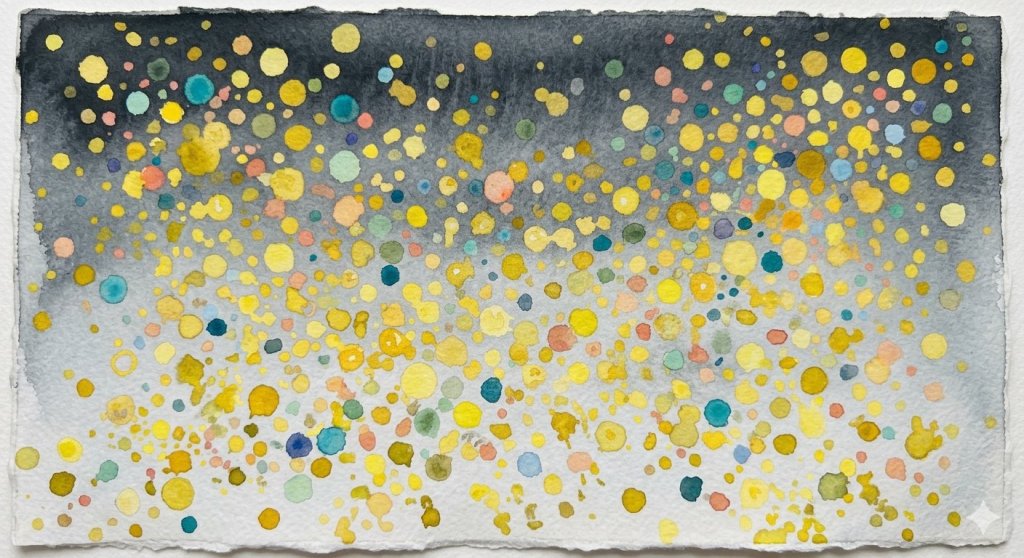 A colorful watercolor abstract painting featuring a gradient of dark gray transitioning to a cluster of various sized vibrant circles in yellow, blue, pink, and green.